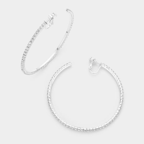 2.5 inch Rhinestone Hoop Clip on Earrings - Silver