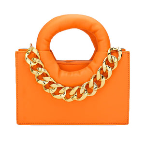 Orange Faux Leather Solid Mini Tote, Crossbody Bag Set, Ladies Shoulder Bag Vintage Leather Thick Chain Crossbody Bag. Travel in style with this two-in-one faux leather set bag! Ditch the hassle and look cute as heck with this savvy set! Great as a Birthday, Christmas, Anniversary Gift, Cumpleanos, Navidad, Anniversario, etc