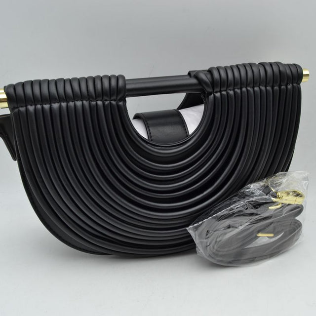Structured Half-Moon Clutch Bag with Tubular Stitching and Shoulder Strap - Black - Clutch Bags
