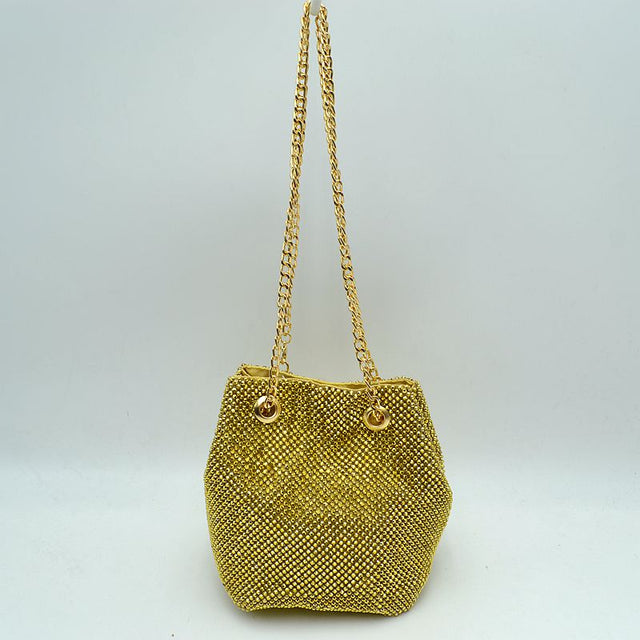 Textured Bucket Bag with Metallic Chain Straps - Gold - Bucket Bag