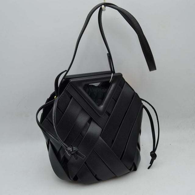 Geometric Wide Weave Bucket Bag with Triangular Top Handle - Black - Bucket Bag