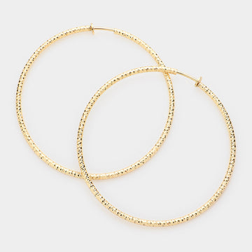 Gold 3.2" Textured Metal Hoop Clip on Earrings