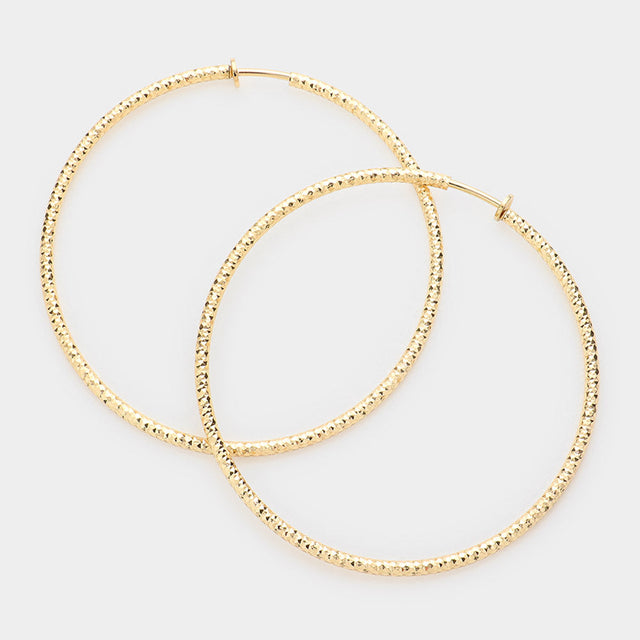 Gold 3.2" Textured Metal Hoop Clip on Earrings