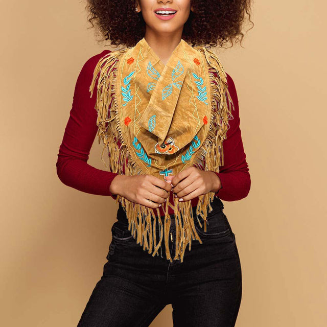 Brown, Multi 3-Way Day of the Dead Mexican Sugar Skull Suede Fringe Scarf
