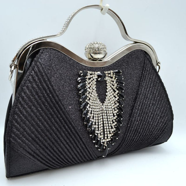 Elegant Shimmer Evening Clutch Bag with Rhinestone Embellishments - Black - Clutch Bags