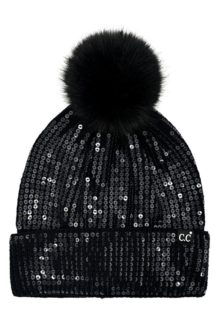 Black C.C All Over Clear Sequin Pom Beanie