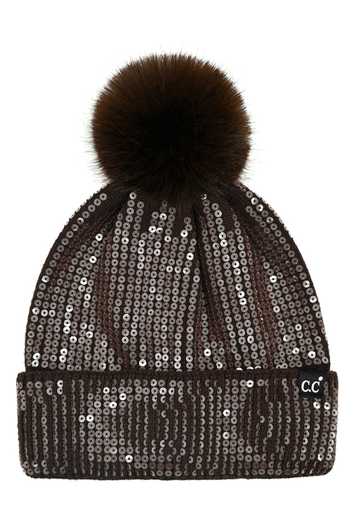 Chocolate C.C All Over Clear Sequin Pom Beanie