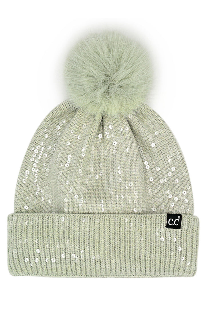 Dusty Mint C.C All Over Clear Sequin Pom Beanie