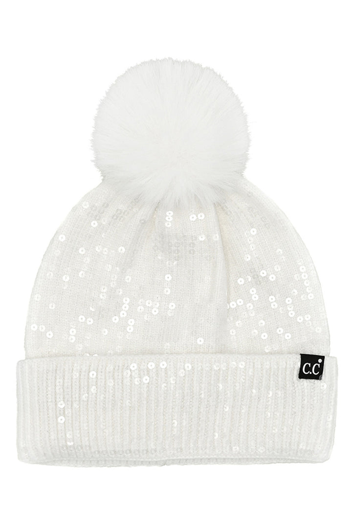 Ivory C.C All Over Clear Sequin Pom Beanie