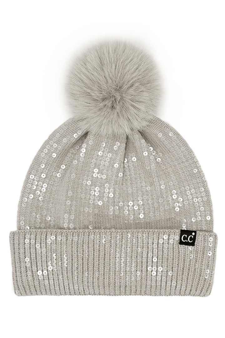 Light Gray C.C All Over Clear Sequin Pom Beanie