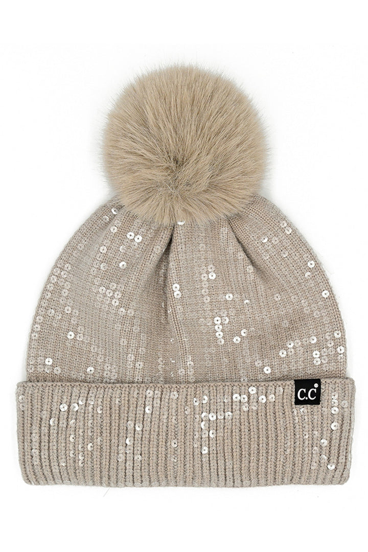 Light Taupe C.C All Over Clear Sequin Pom Beanie
