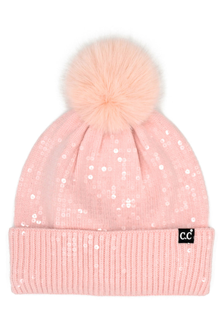 Pink C.C All Over Clear Sequin Pom Beanie