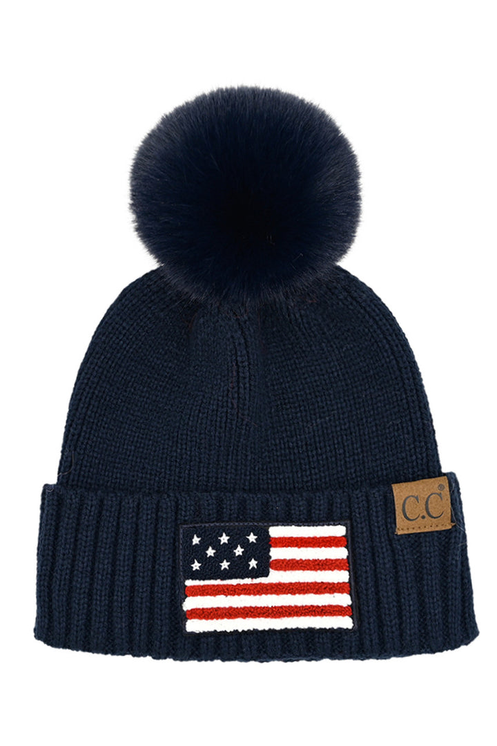 Navy C.C USA American Flag Chenille Patch Pom Beanie