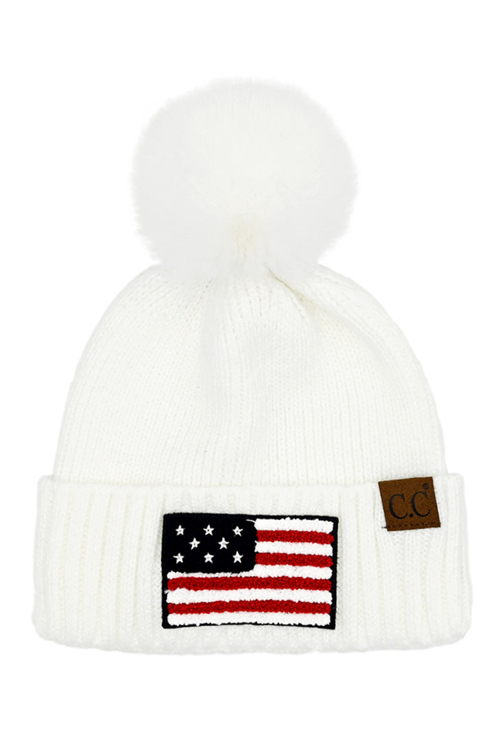 White C.C USA American Flag Chenille Patch Pom Beanie