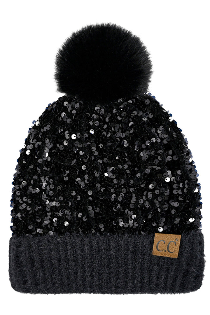 Black C.C Sequin Fur Pom Beanie