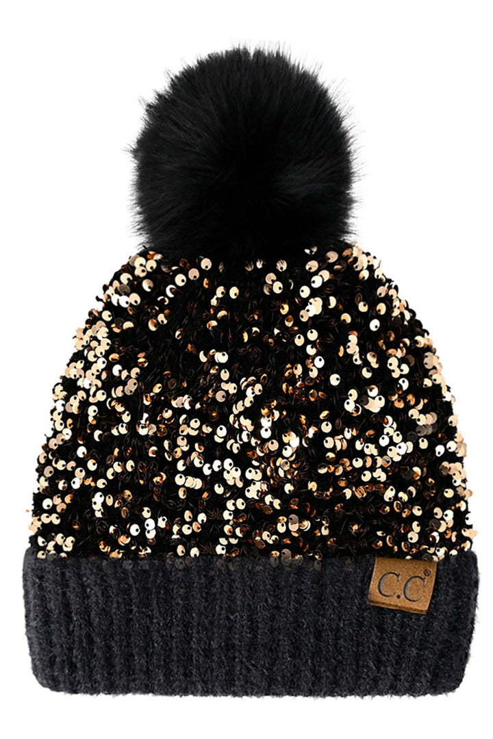 Gold C.C Sequin Fur Pom Beanie