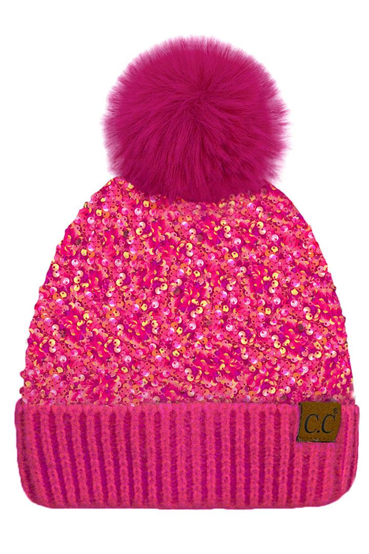 Hot Pink C.C Sequin Fur Pom Beanie