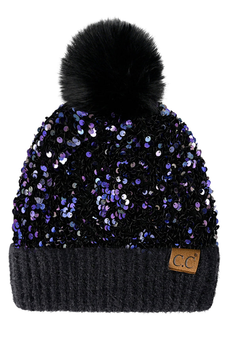 Purple/Black C.C Sequin Fur Pom Beanie