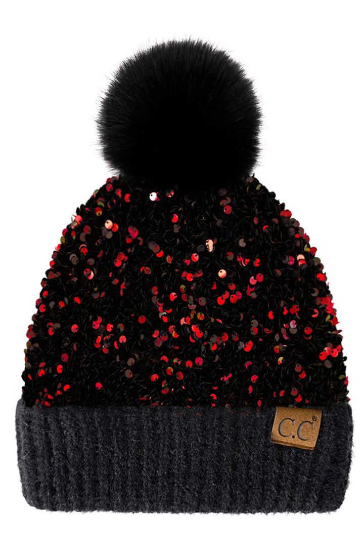 Red/Black C.C Sequin Fur Pom Beanie