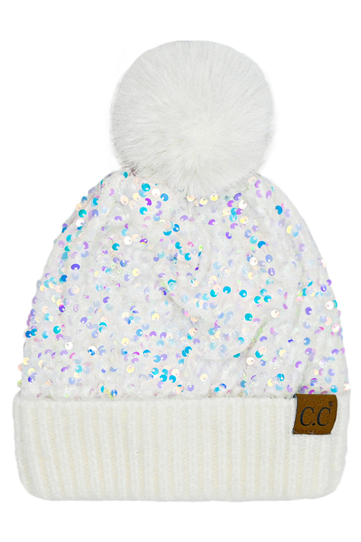 White C.C Sequin Fur Pom Beanie