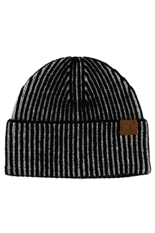 Black C.C Contrast Color Stripes Cuff Beanie
