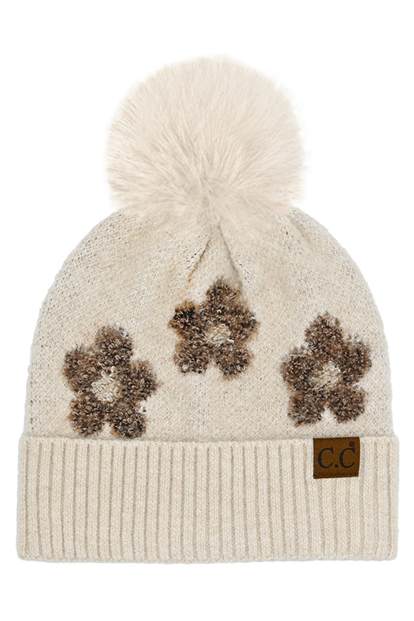Beige C.C Daisy Pattern Beanie with Pom