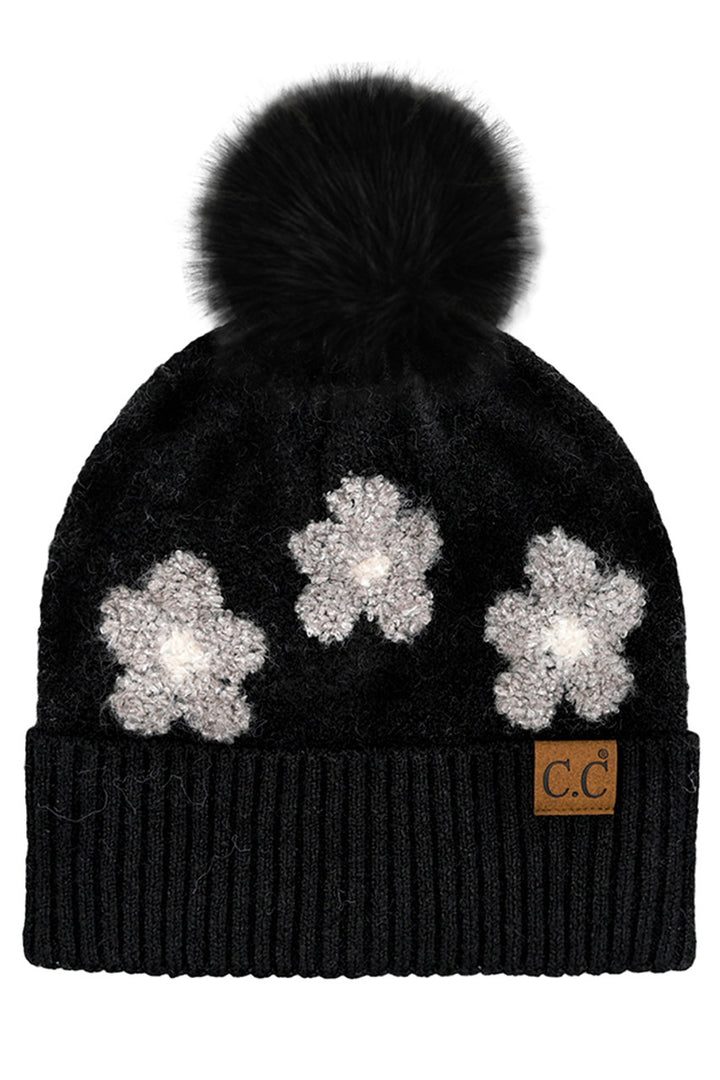 Black C.C Daisy Pattern Beanie with Pom