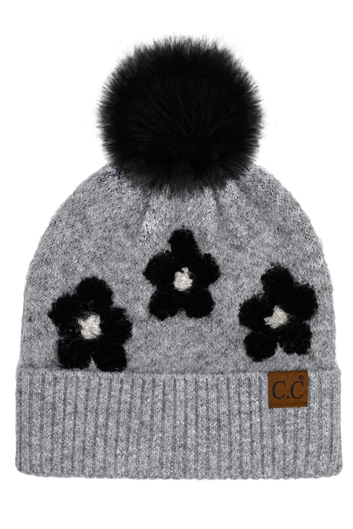 Light Gray C.C Daisy Pattern Beanie with Pom