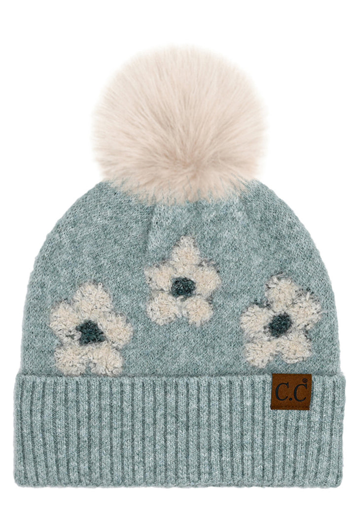 Mint C.C Daisy Pattern Beanie with Pom