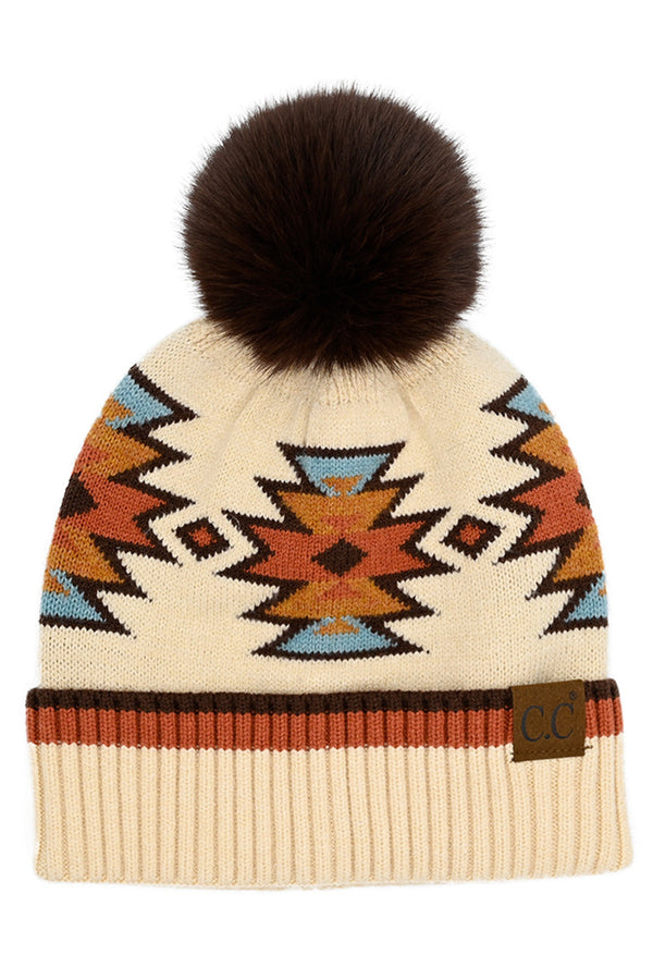 Beige C.C Southwest Pattern Pom Beanie