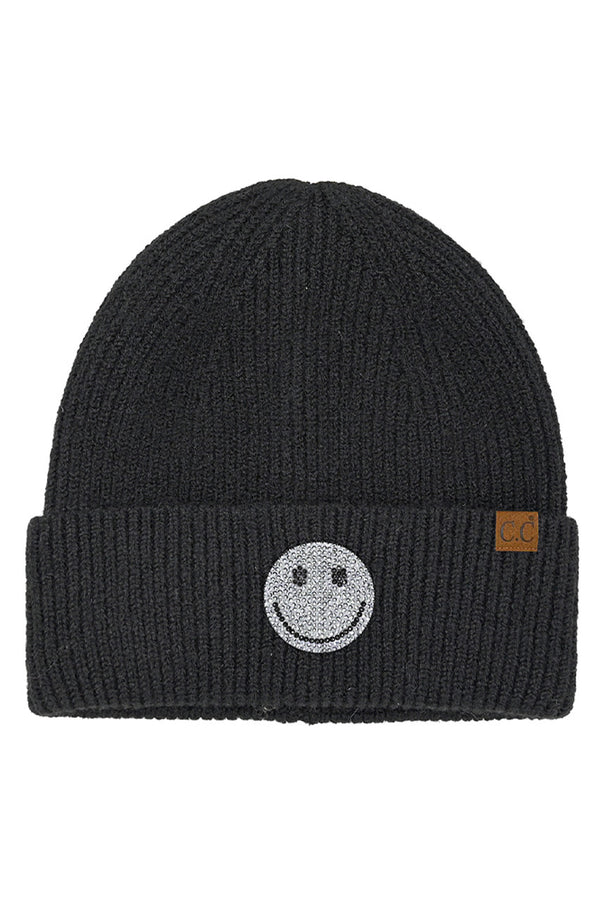 Black C.C Smile Face Rhinestone Beanie