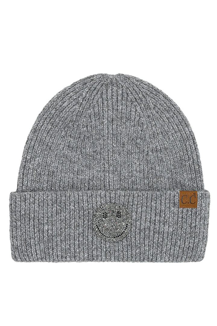Light Gray C.C Smile Face Rhinestone Beanie