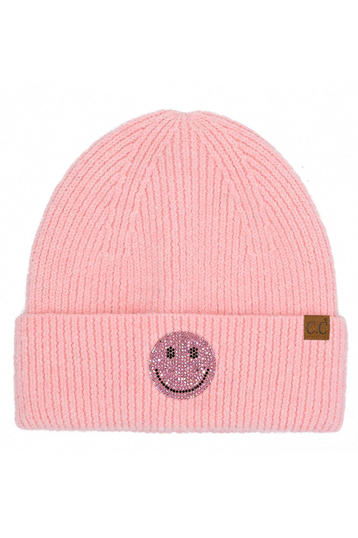 Pink C.C Smile Face Rhinestone Beanie