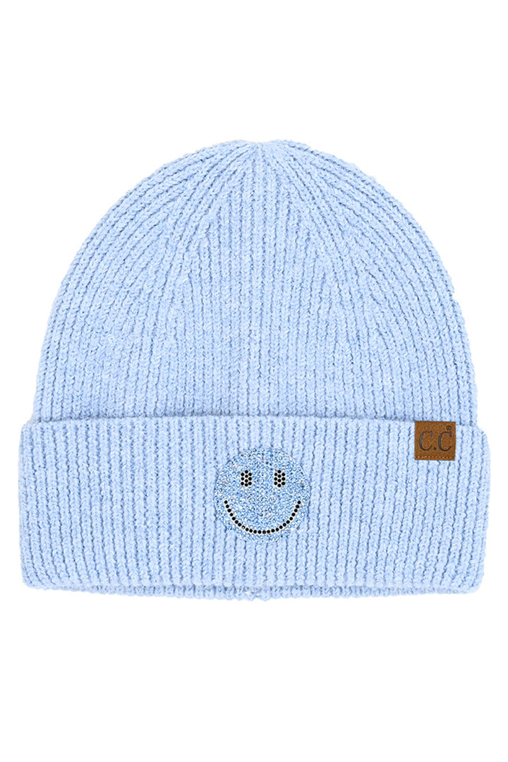 Sky Blue C.C Smile Face Rhinestone Beanie