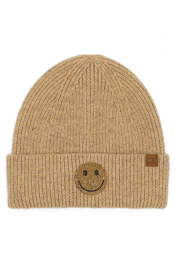 Taupe C.C Smile Face Rhinestone Beanie
