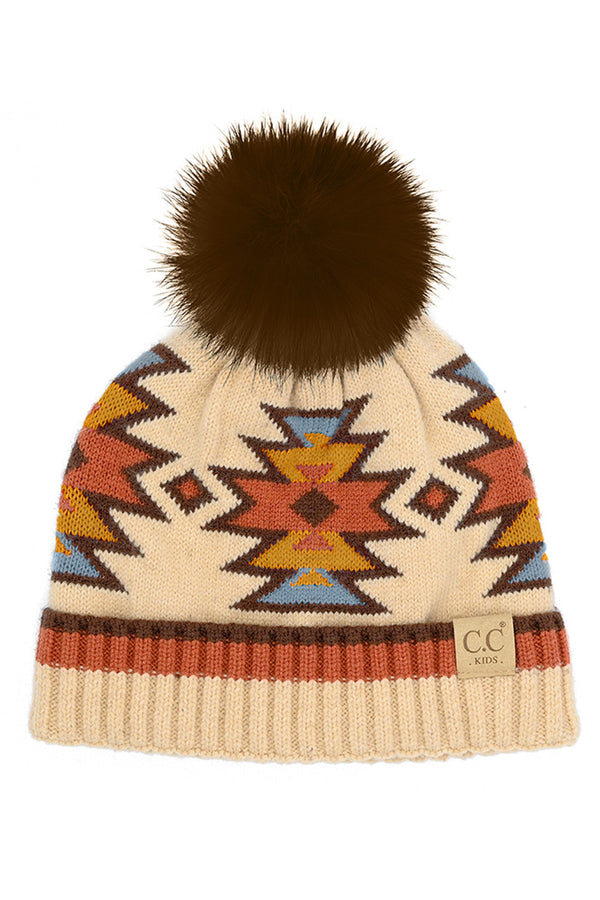Beige C.C Kids Southwest Pattern Faux Fur Pom Beanie