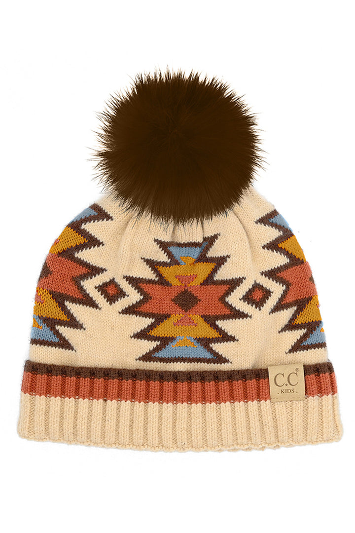 Beige C.C Kids Southwest Pattern Faux Fur Pom Beanie