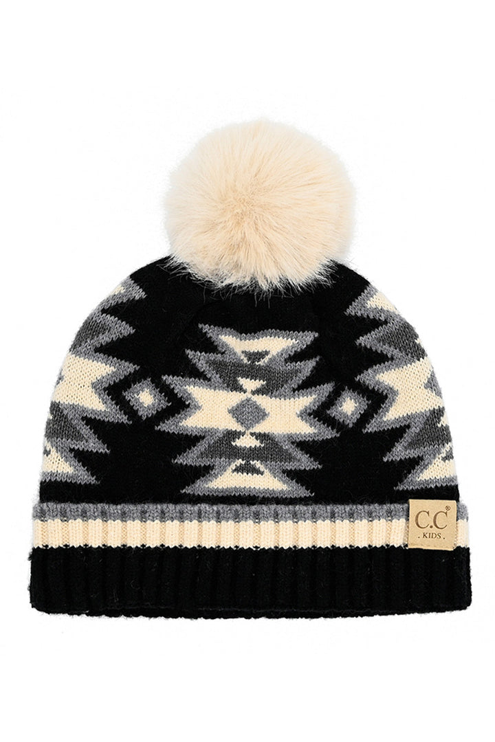 Black C.C Kids Southwest Pattern Faux Fur Pom Beanie
