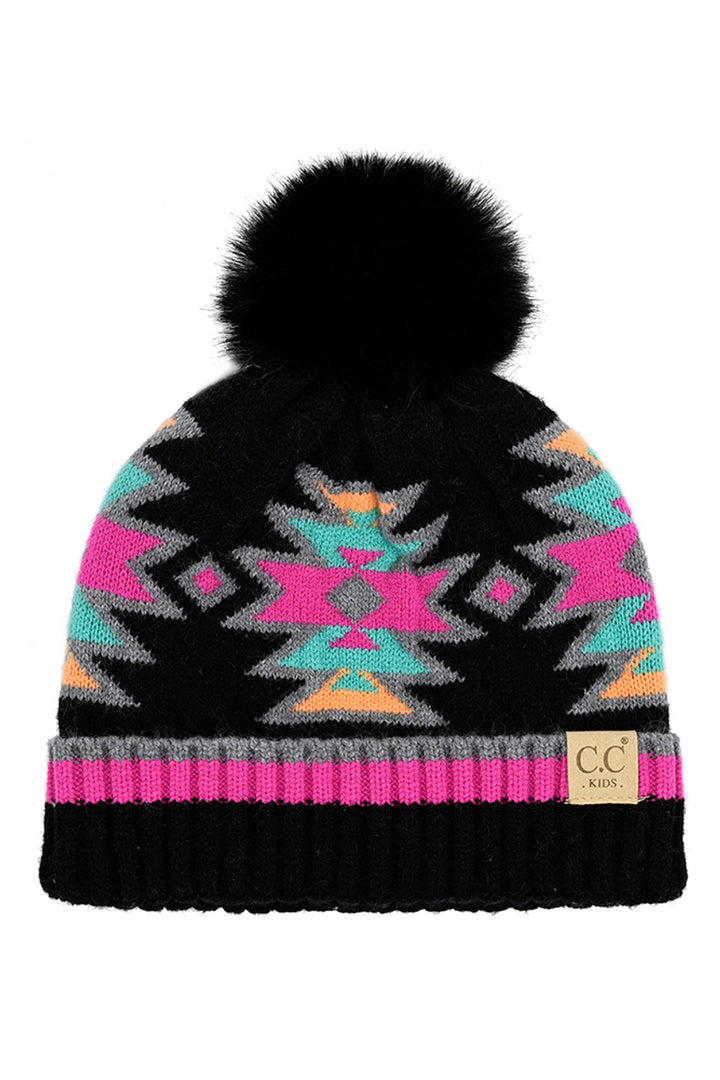 Black Multi C.C Kids Southwest Pattern Faux Fur Pom Beanie