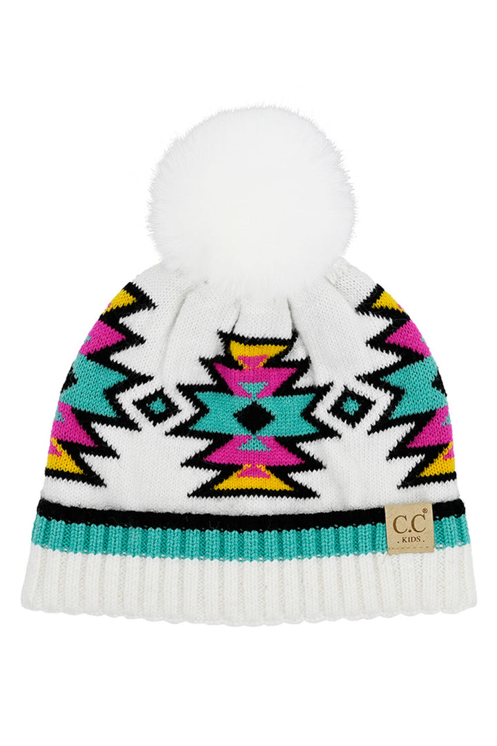 Ivory C.C Kids Southwest Pattern Faux Fur Pom Beanie