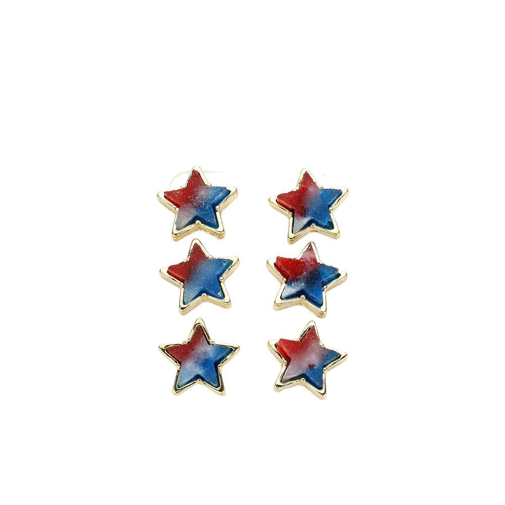 3PAIRS American USA Flag Theme Druzy Star Stud Earrings Set, These earrings showcase the perfect blend of patriotism and style, making them a great addition to any outfit. The unique druzy star design adds a touch of sparkle, making these earrings a statement piece for any occasion. Show off your American pride.