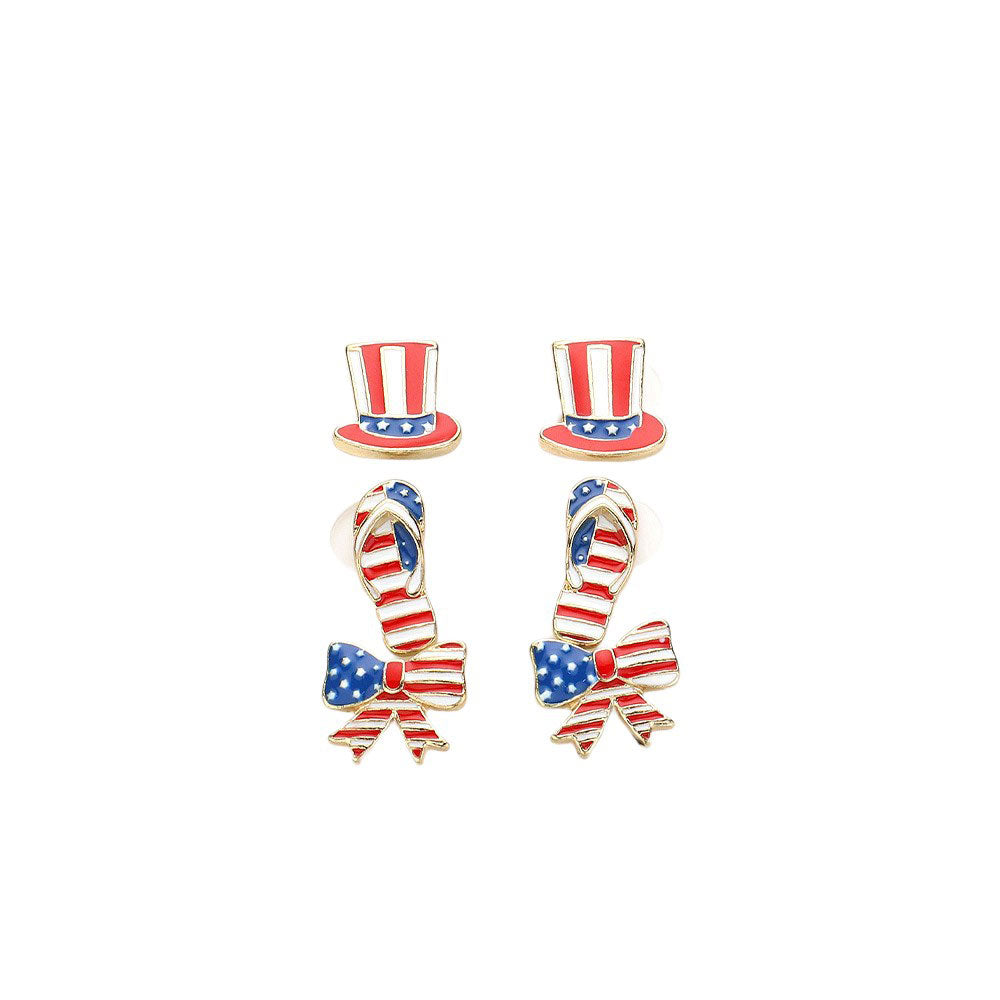 3PAIRS American USA Flag Theme Enamel Hat Flipflops Bow Stud Earrings Set, These stylish earrings feature a flag-inspired design that will add a touch of Americana to any outfit. Made with durable enamel and high-quality materials, these earrings are perfect for any occasion. Show off your love for your country.