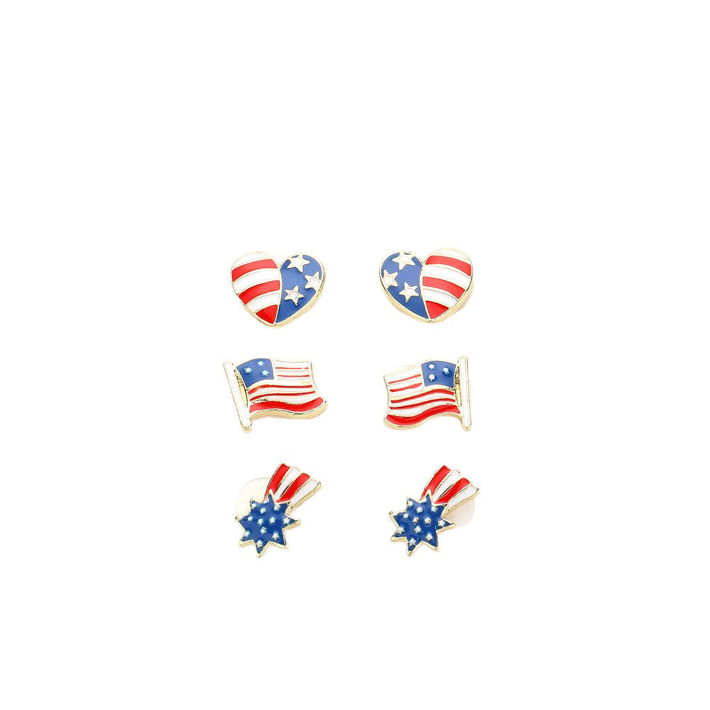 3PAIRS American USA Flag Theme Enamel Stud Earrings Set, With this earrings set, you can proudly sport your patriotism and love for your country subtly and stylishly. Made with high-quality enamel, these stud earrings feature the iconic American flag design. Perfect for any occasion, must-have for any American.
