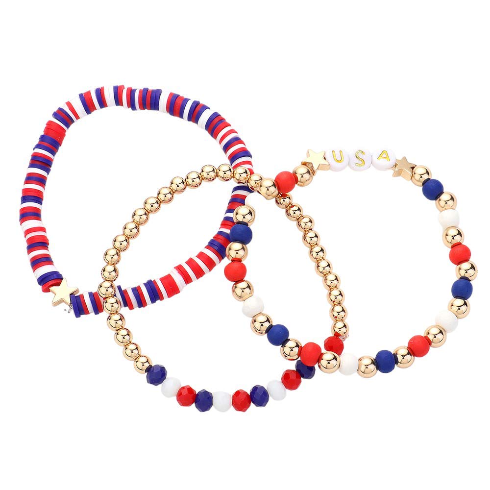 3PCS USA Message Beaded Stretch Multi Layered Bracelets, these bracelets are perfect for showing your patriotism. Made with quality beads and stretchy bands, they are comfortable and easy to wear. With three different bracelets, you can proudly display your love for your country. Great for daily or occasional wear.
