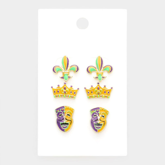 Multi This set includes 3 pairs of Mardi Gras–inspired stud earrings featuring Fleur de Lis, crown, and mask designs. Perfect for parties and celebrations, these lightweight earrings add festive charm and bold style to any outfit.