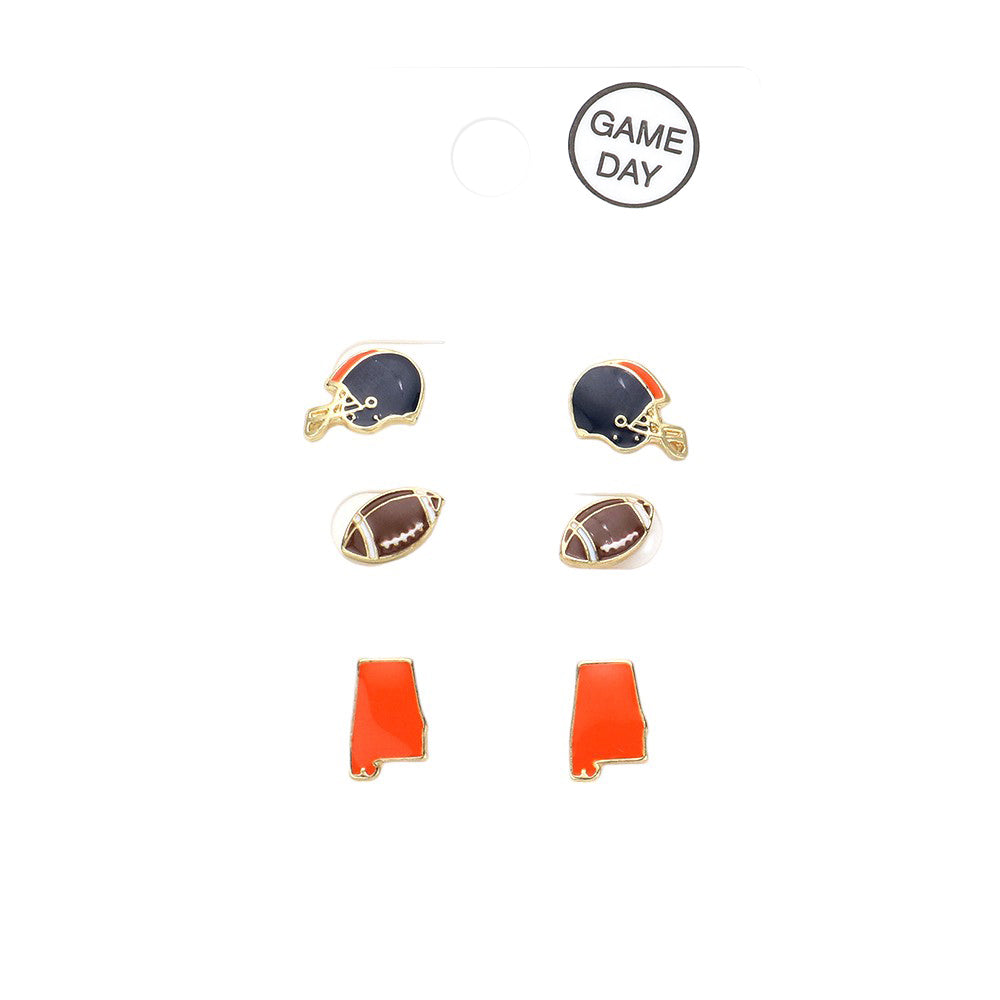 Navy orange 3Pairs Game Day Auburn University Helmet Football State Map Stud Earrings, are perfect for showing off your team spirit on game day! Made of durable materials, the earrings feature the iconic Auburn University logo and a map of the state. With three pairs included, you can wear them all or share them with friends.