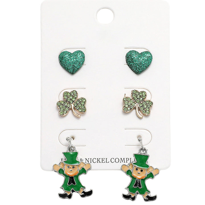 3Pairs - Glittered Enamel St. Patrick's Heart, Shamrock, and Leprechaun Dangle Earring Set features sparkling enamel designs, including hearts, shamrocks, and leprechauns. Made with high-quality materials, these stud and dangle earrings add a festive touch to any outfit. Celebrate the holiday in style with this versatile earring set.