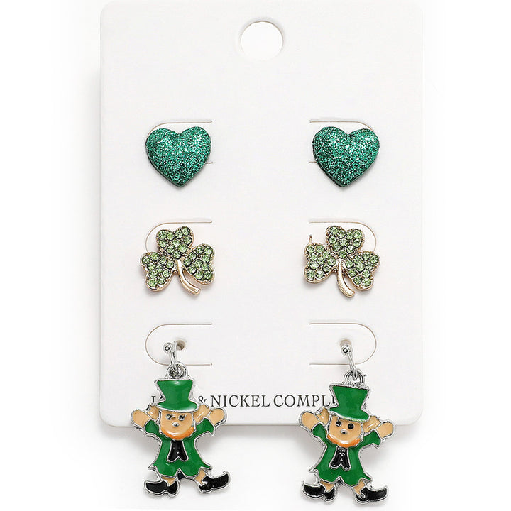 3Pairs - Glittered Enamel St. Patrick's Heart, Shamrock, and Leprechaun Dangle Earring Set features sparkling enamel designs, including hearts, shamrocks, and leprechauns. Made with high-quality materials, these stud and dangle earrings add a festive touch to any outfit. Celebrate the holiday in style with this versatile earring set.