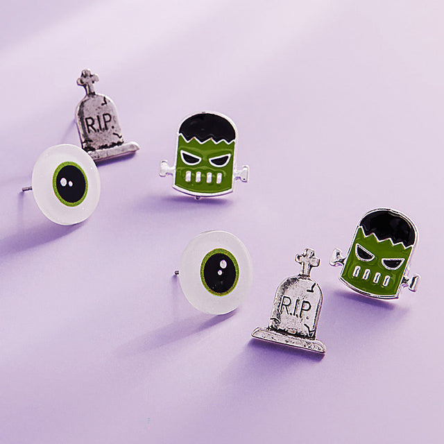 Multi 3Pairs - Enamel Halloween Frankenstein Monster Eye Tomb Stud Earring Set