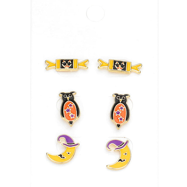 Multi 3Pairs - Enamel Pumpkin Candy Owl Crescent Moon Stud Earrings